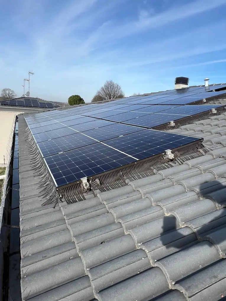 Impianto fotovoltaico di grandi dimensioni protetto dai piccioni lungo tutto il perimetro