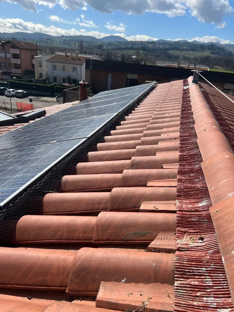 Rete anti-piccioni lungo il lato alto dell'impianto fotovoltaico, vicino al colmo del tetto