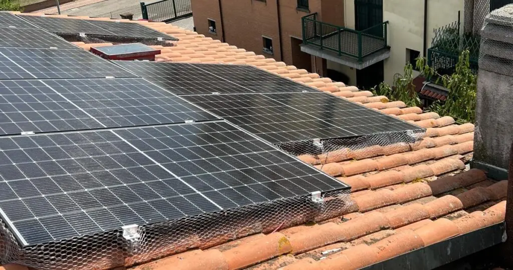 Rete anti-piccioni montata lungo il perimetro dei pannelli fotovoltaici su tetto in coppi