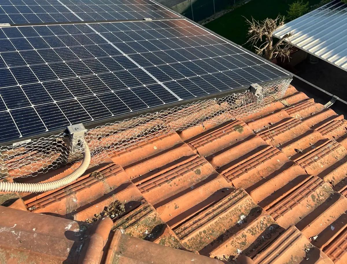 Rete anti-piccioni sotto i pannelli fotovoltaici su un tetto in città